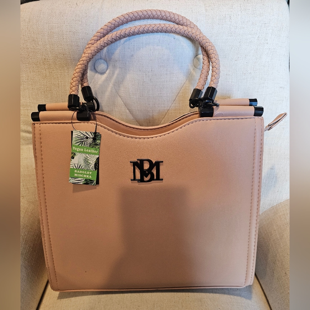 Badgley Mischka Vegan Leather Muave Pink & Black Handle Tall Tote Bag